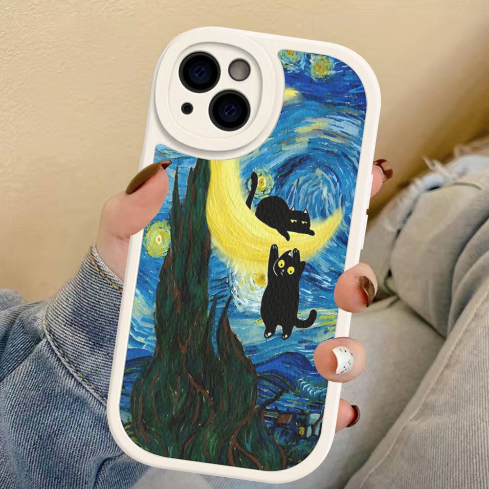 Black Cat Van Gogh Phone Case For IPhone 16 15 14 11 12 13 Pro Max Plus Back Leather Shell