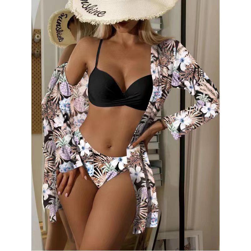 2023 European & American Women's Three-Piece Bikini Set with Cardigan, High-Waisted Bottoms, and Sunscreen Cover-Up.