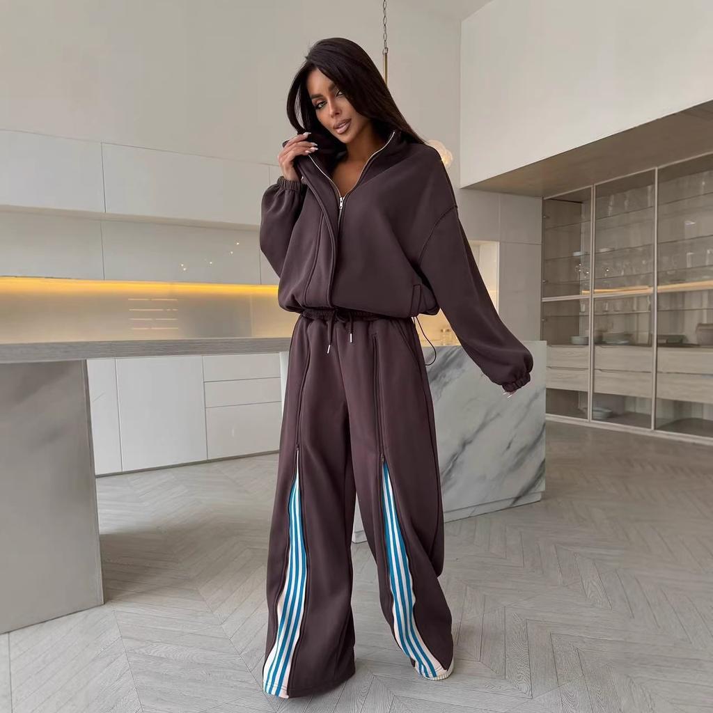 Casual suit, drawstring contrasting sweatshirt, straight trousers two-piece set