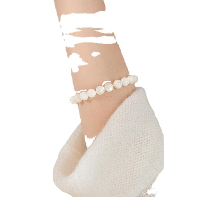 White Pearl Natural White Shell Bracelet with Elastic Cord, Hand-polished, Authentic, Fresh Style for Women