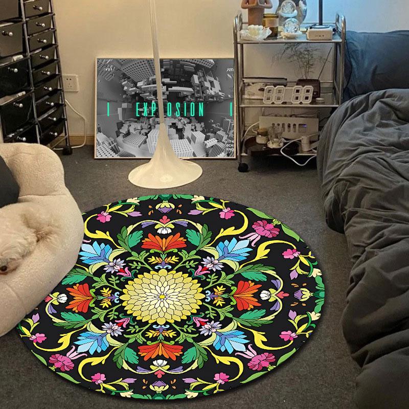 Whimsical Round Botanical Multicolor Area Rug, Non-Slip Floor Mat for Kitchen