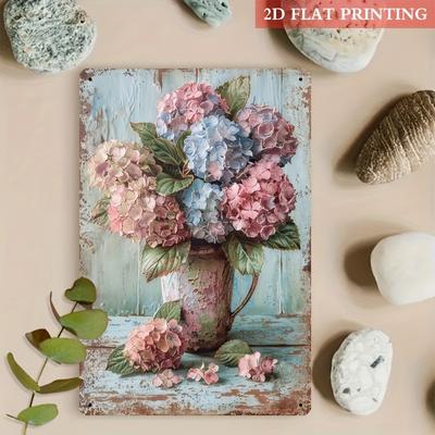 2D Plochý, 2D Plochý H Hortenzie Kovová Plechová Cedule, 8x12 palců Vhodné pro Obývací Pokoj, Zahradu, Jarní Dekoraci a Domov s Květinovým Motivem