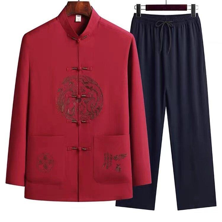 Frühling Sommer Herren Druck Chinesischer Stil Langarm Hemden Hose Sportbekleidung Herren Freizeit Sets Hemden + Hosen
