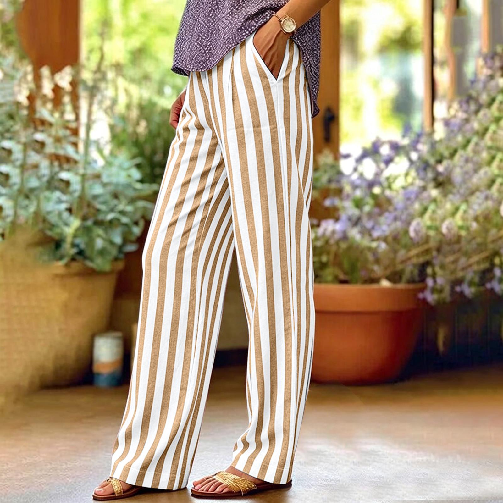 

Ladies Striped Casual And Fashionable Breathable Loose Cotton And Linen Pants XL жовтий