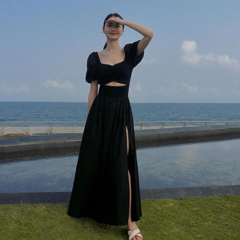 French Hollow Out Short Sleeve Black Maxi Dress Women Vintage Warm Square Collar A Line Dresses Female Summer Chic Vented Party Clothes Lady