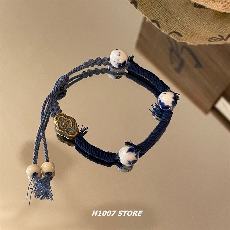 

Новый китайский стиль, национальный стиль, плетеный шнур, керамический женский браслет, мужской нишевый дизайн, ручное плетение, ремешок для переноски, этнический стиль, парные украшения для рук Azure misty rain