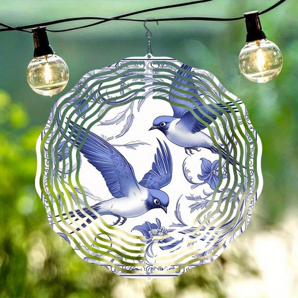 Hand Painted Blue Floral Swallow Wind Chime Outdoor Garden Patio Decor Weatherproof 2D Art with 360 Rotating Hook Holiday Decoration