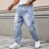 Men Ripped Distressed Denim Jogger Jeans Drawstring Waist Faded Washed Cuffed Streetwear Trousers