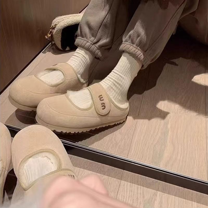 Grape Mother of the Same Style, Cute Velcro Warm Half Drag Ugly Cute Wool Mary Jane Mao Mao Single Shoes Autumn and Winter