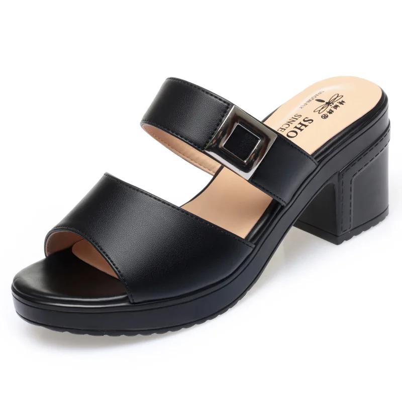 

Fashion Comfort Anti-slip Soft Leather Sandals Women Summer Thick Soles High Heel Wearing Straight Line Fish Mouth Outdoor Sandals2025 35 чёрный