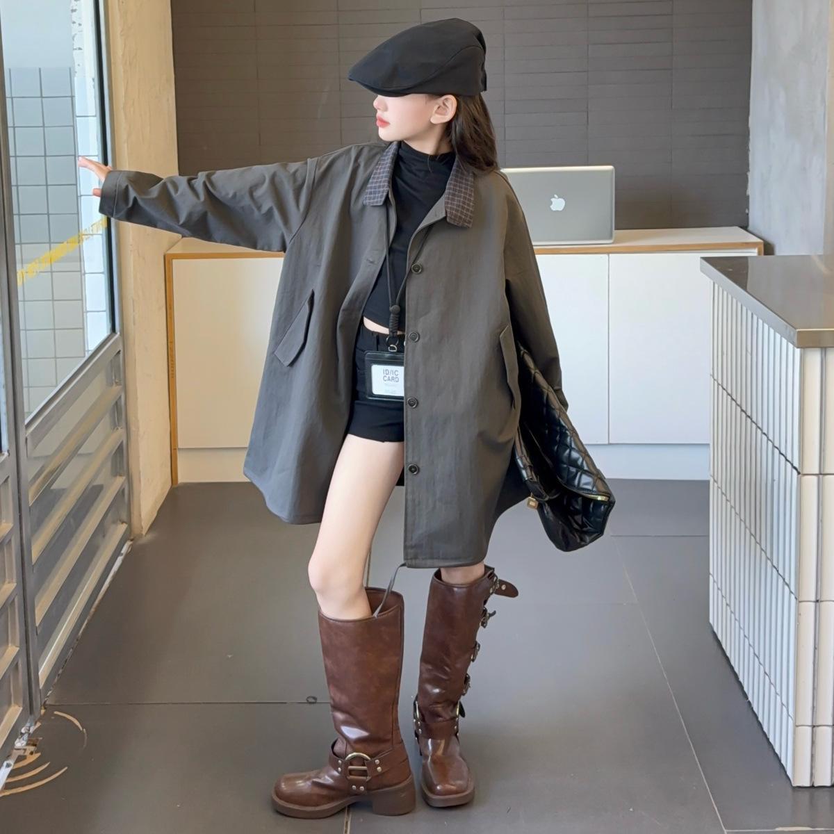 

Girls Mid-Length Trench Coat: 2025 Spring/Autumn Korean Style for Kids - Loose, Casual Fit 140 cm