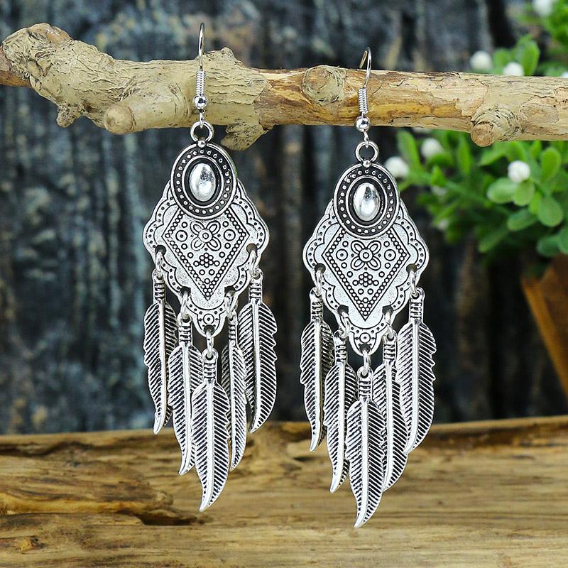 Vintage Ethnic Style Hollow Water Drop Pendant Earrings for Women Long Antique Silver Color Elegant Earring Jhumka Jewelry