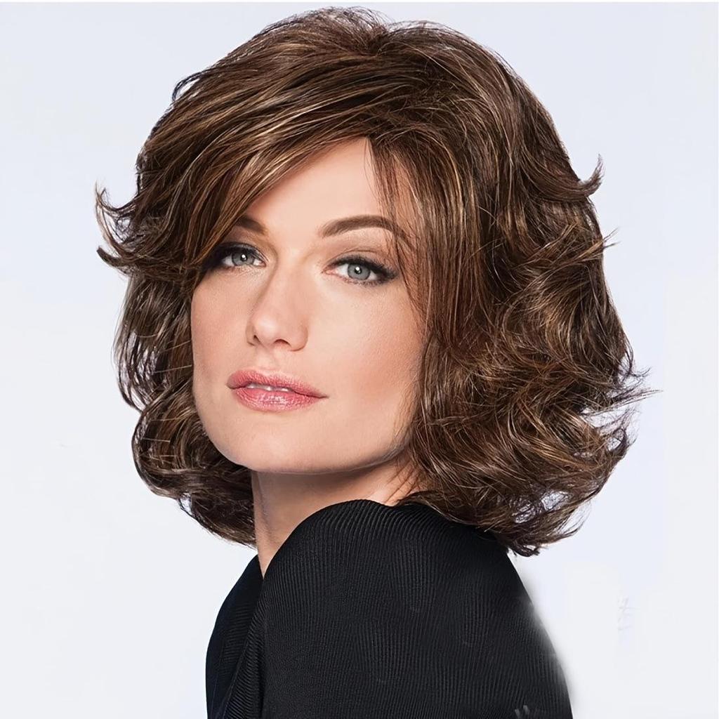 European and American Fashionable Women's Short Curly Hair Wig, Brown Slanted Bangs, High-temperature Silk Wig Headband