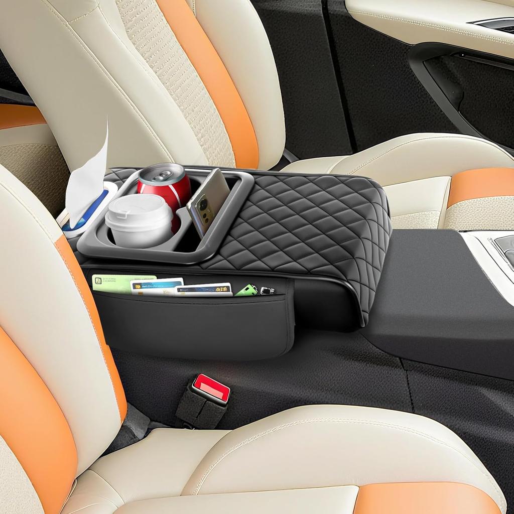 5-in-1 Arm Rest Cover Universal Armrest Storage Box Upgrade Memory Foam Console Cover with Cup for Car Phone Tissue Box Holder