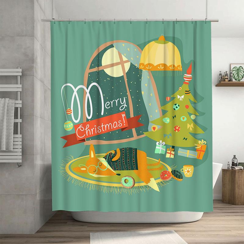 TU Charming Christmas Shower Curtain Festive Holiday Bathroom Decor Waterproof Fabric Backdrop Festive Xmas Home Decor