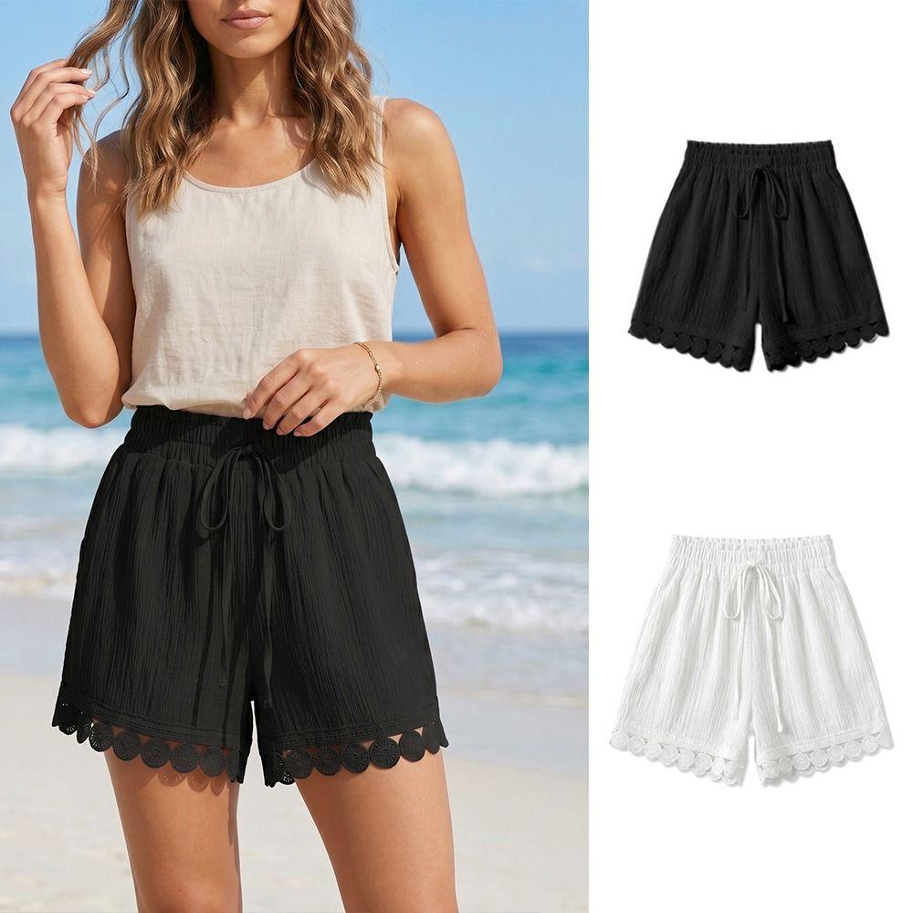 High Waist Beach-Style Shorts Thin Women's Shorts Vintage Lace-Trimmed Shorts Resort Wear