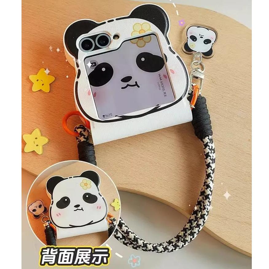Cute Flip Case For Samsung Z flip6 Zflip5 Zflip5 4 3/OPPOFind N3 N2Flip Phone Case Fashion 3D Panda Ears Creative Design Kawai Leather Cover Crossbody