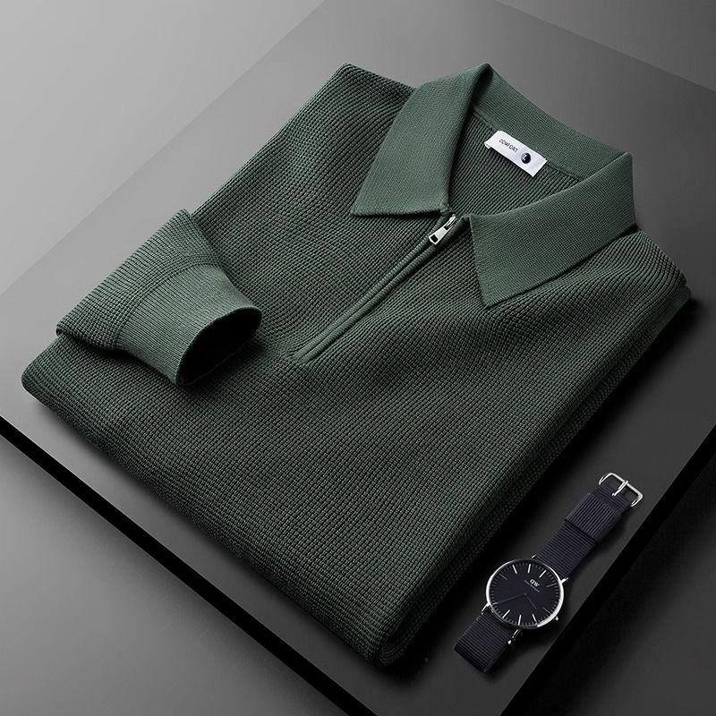 Warm Knitted Waffle Half Zip White Polo Shirt Men Long Sleeved Sweater Lapel Sweatshirt