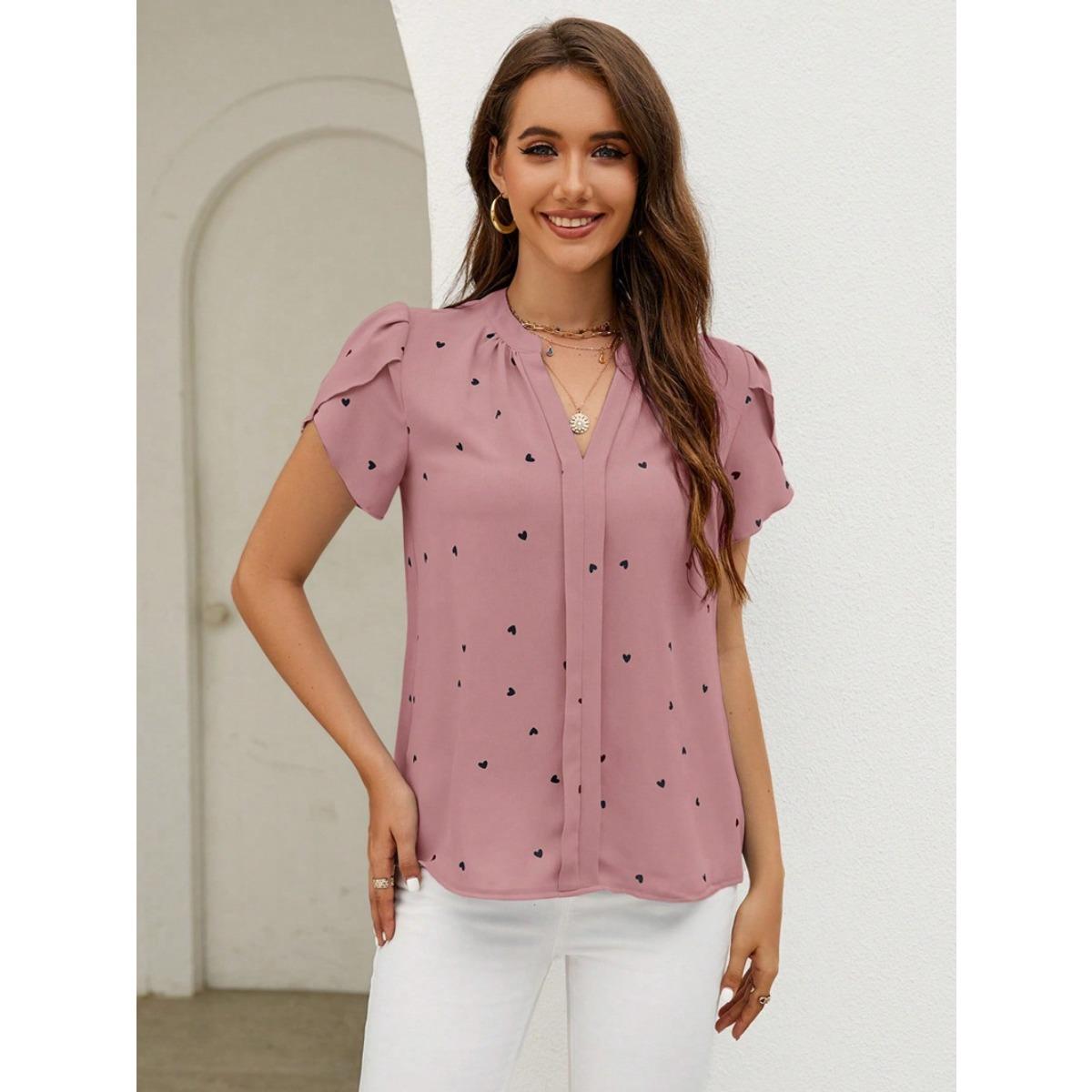 Women s Clothing, Summer, V-neck, Heart, Petal Sleeves, Shirt, Temperament, Women s Clothing, Top S розовый