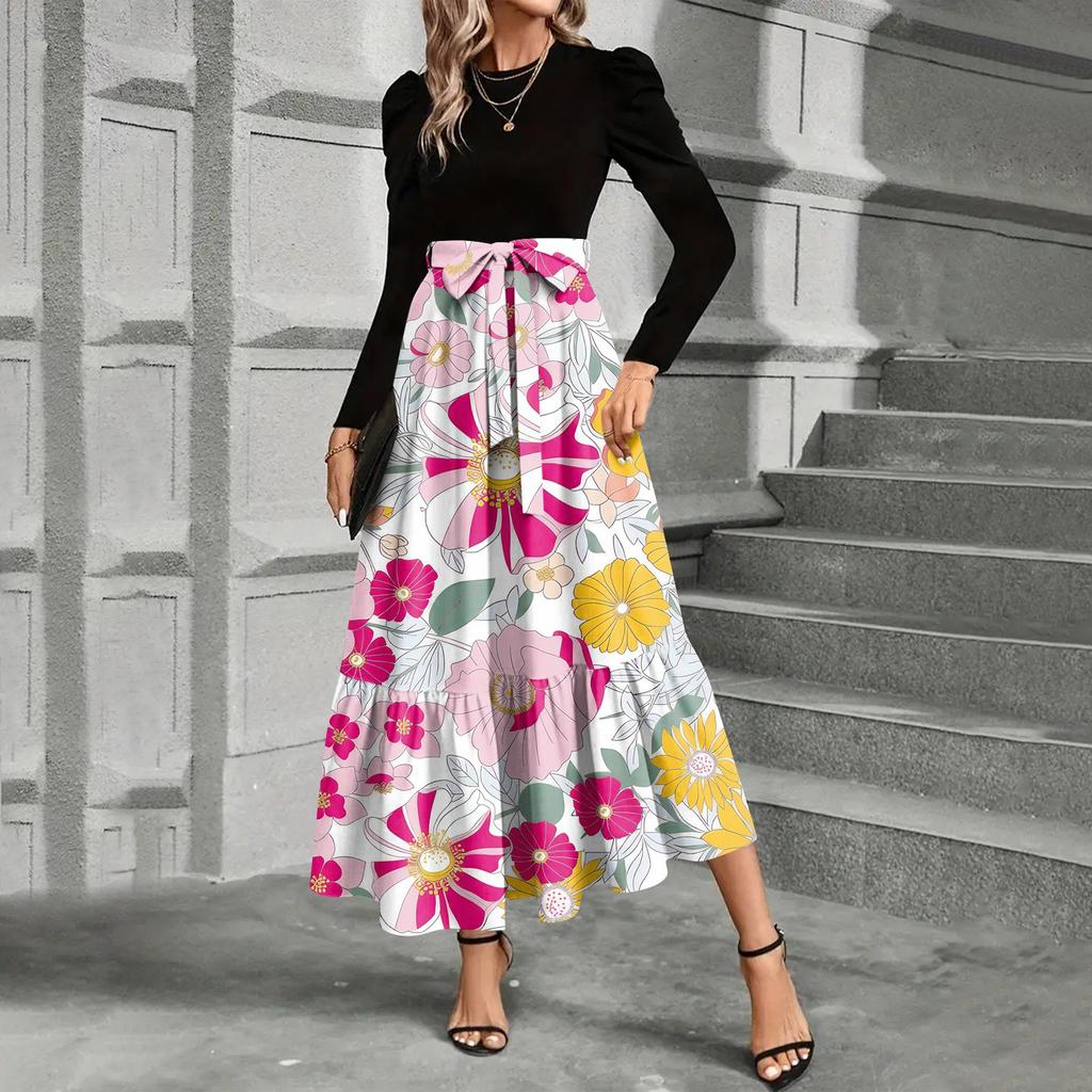 Women's Floral Print High Waist Fashionable And Elegant Dress
