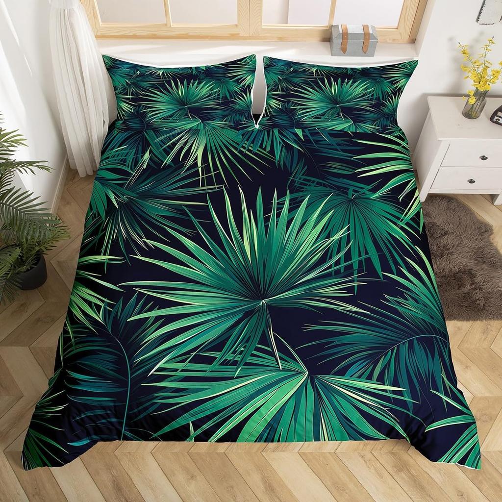 Tropical Botanical Duvet Cover Gold Palm Tree Leaf Comforter Cover King Jungle Nature Theme Watercolor Plant Leaves Bedding Set