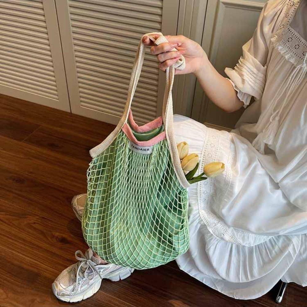 Korean Style Mesh Handbags Polyester Summer Beach Tote Bags Hollow Woven Shoulder Bag  Outdoor