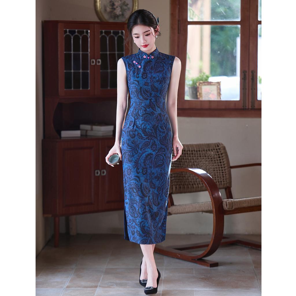 Soho dark green mesh printing summer long cheongsam women's 1011 summer new girls sleeveless young models