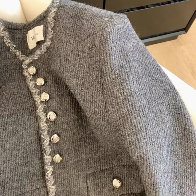 Womens Short Wool-Blend Chic Blazer In Gray Loose Fit French Style Coat Petite Figures