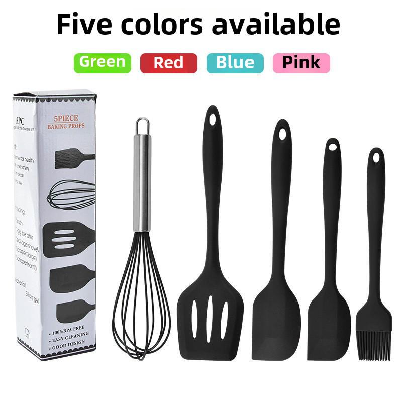 

Набор кухонных инструментов из силикона, пять предметов: Венчик для взбивания яиц, скребок, лопатка для жарки стейков и сливная лопатка. Идеально подходит для выпечки и приготовления блюд. Black