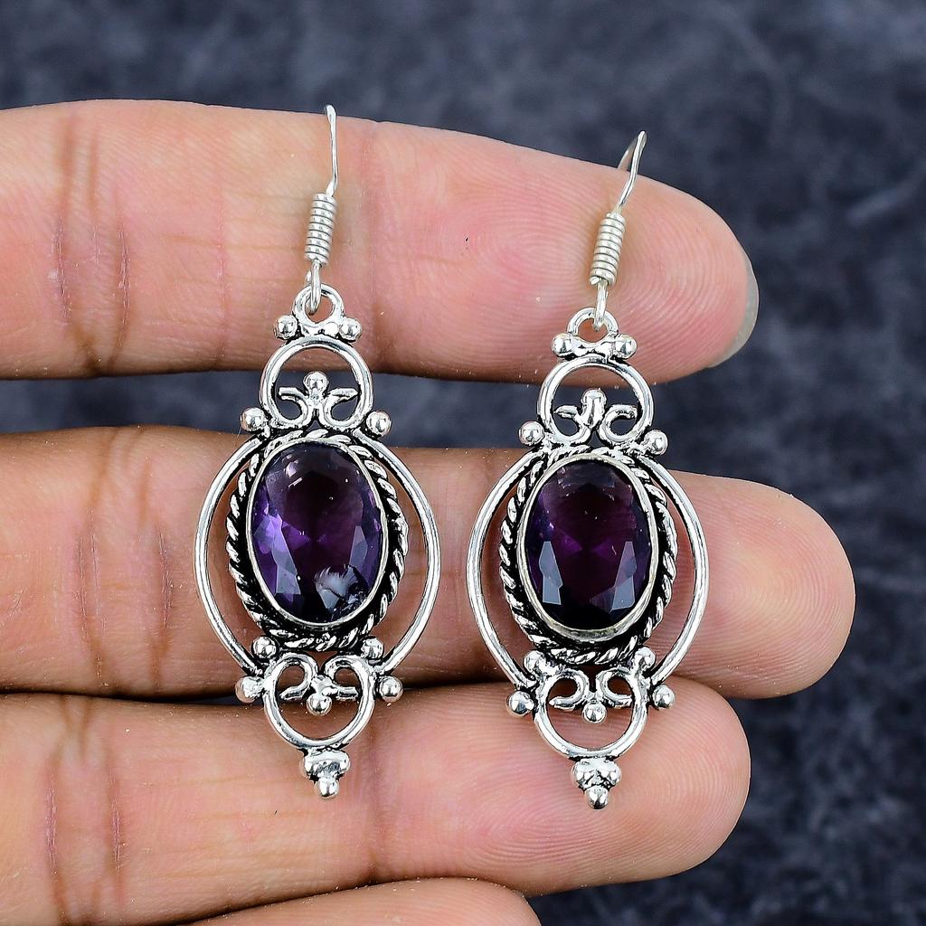 Amethyst Gemstone Handmade 925 Sterling Silver Jewelry Earring 2.21" M-3295