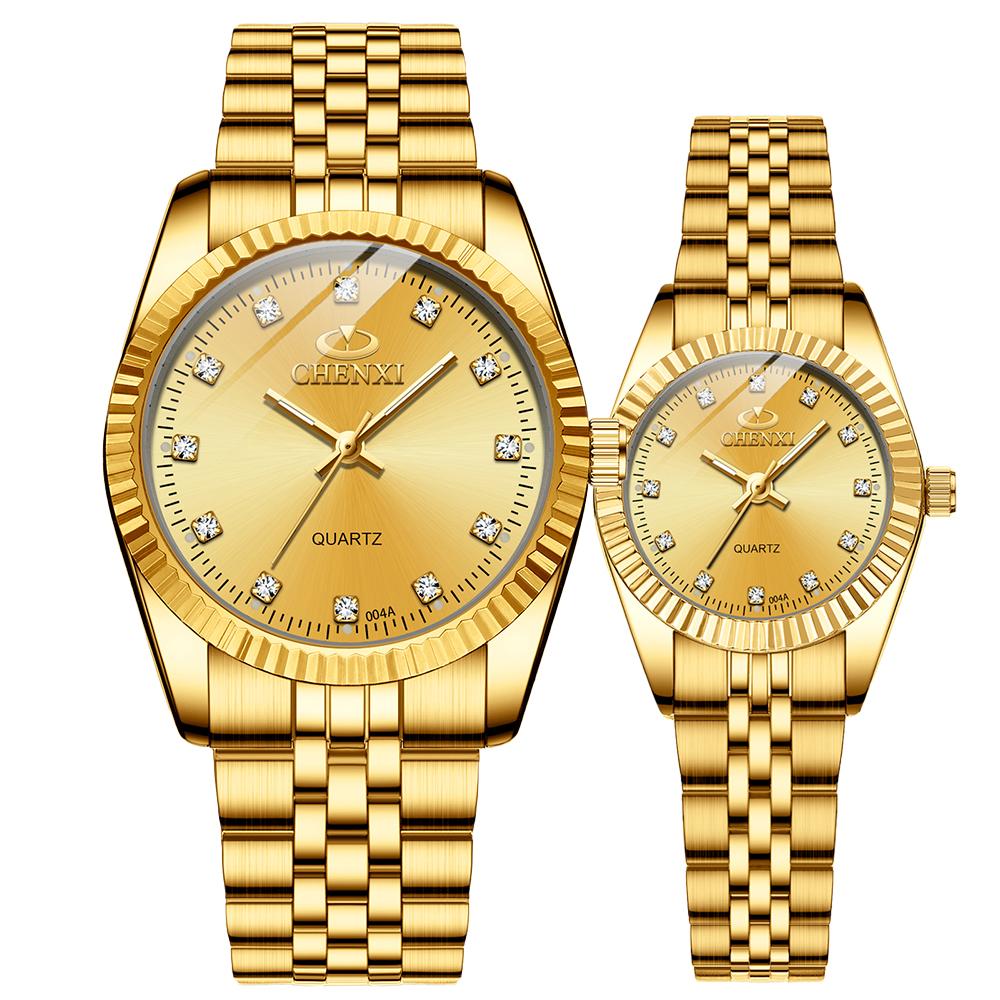 CHENXI Business Gold Couple Wristwatches Waterproof Luminous Couples Watch Fashion Stainless Steel Band Man Woman Watches