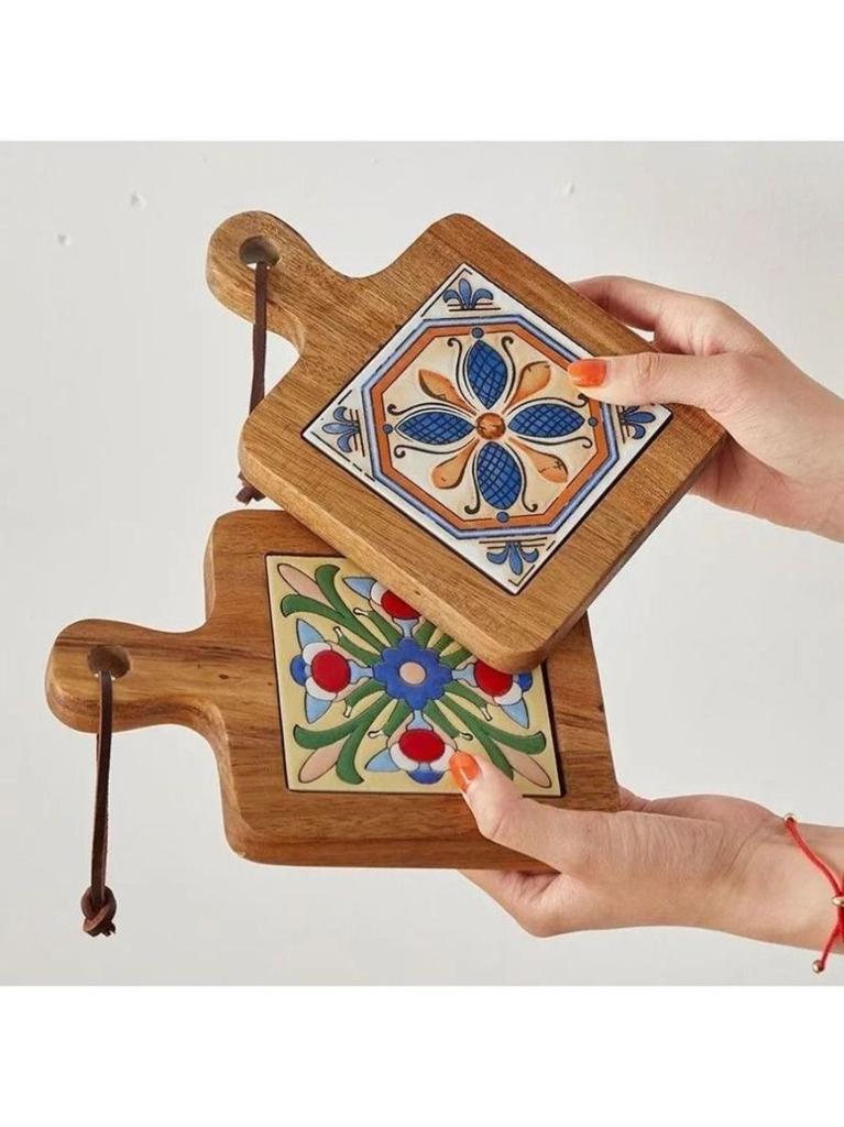 Retro heat insulation pad flower tile pot mat wooden plate coaster solid wood placemat soup mat casserole wooden mat.