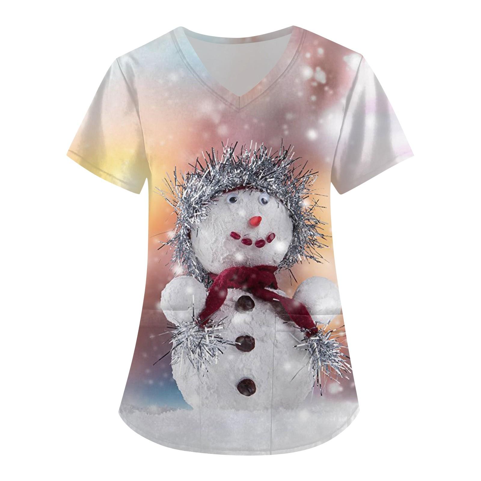 

Женская модная рабочая одежда с v-образным вырезом, короткими рукавами и карманами, топы с рождественским принтом XXXXL белый