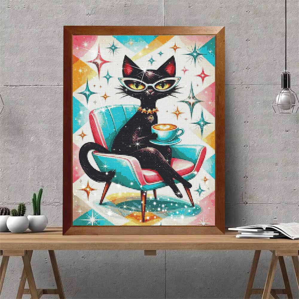 5D DIY Diamond Painting Kit Stylish Black Cat Drinking Coffee Art Diamond Embroidery Rhinestones Full Drill 30x40cm Home Wall Decor Gift Adults