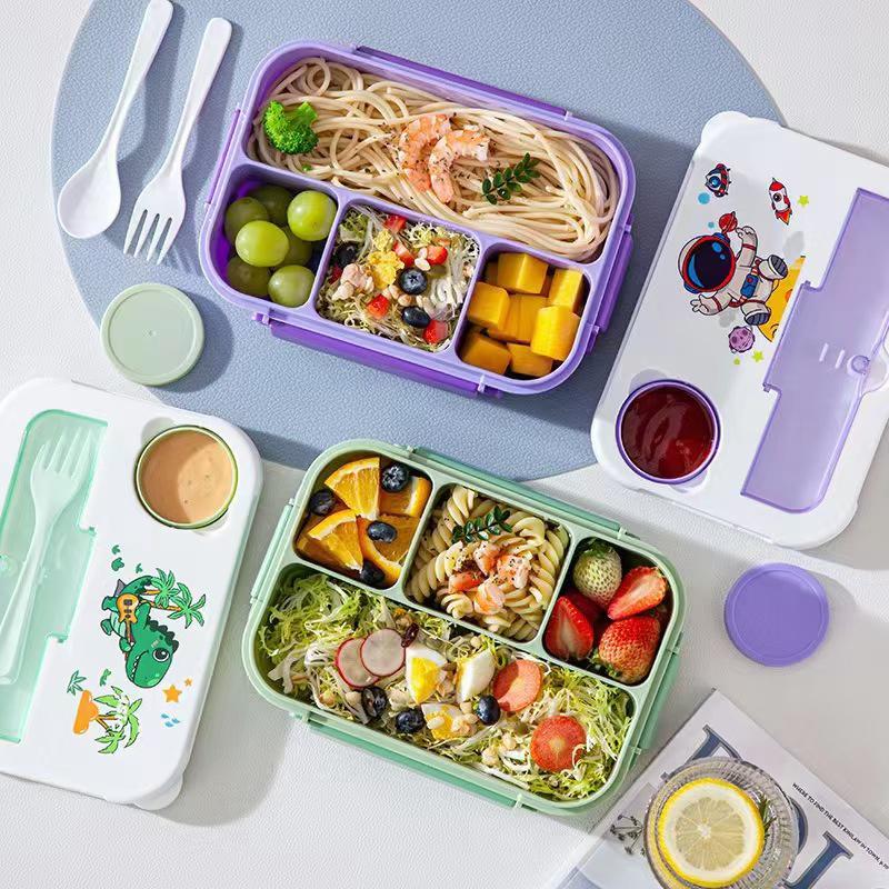 4Grid Lunch Box Outdoor Bento Box with Fork Microwave Heated Lunch Container with Sauce Box for Children Student Food Storage