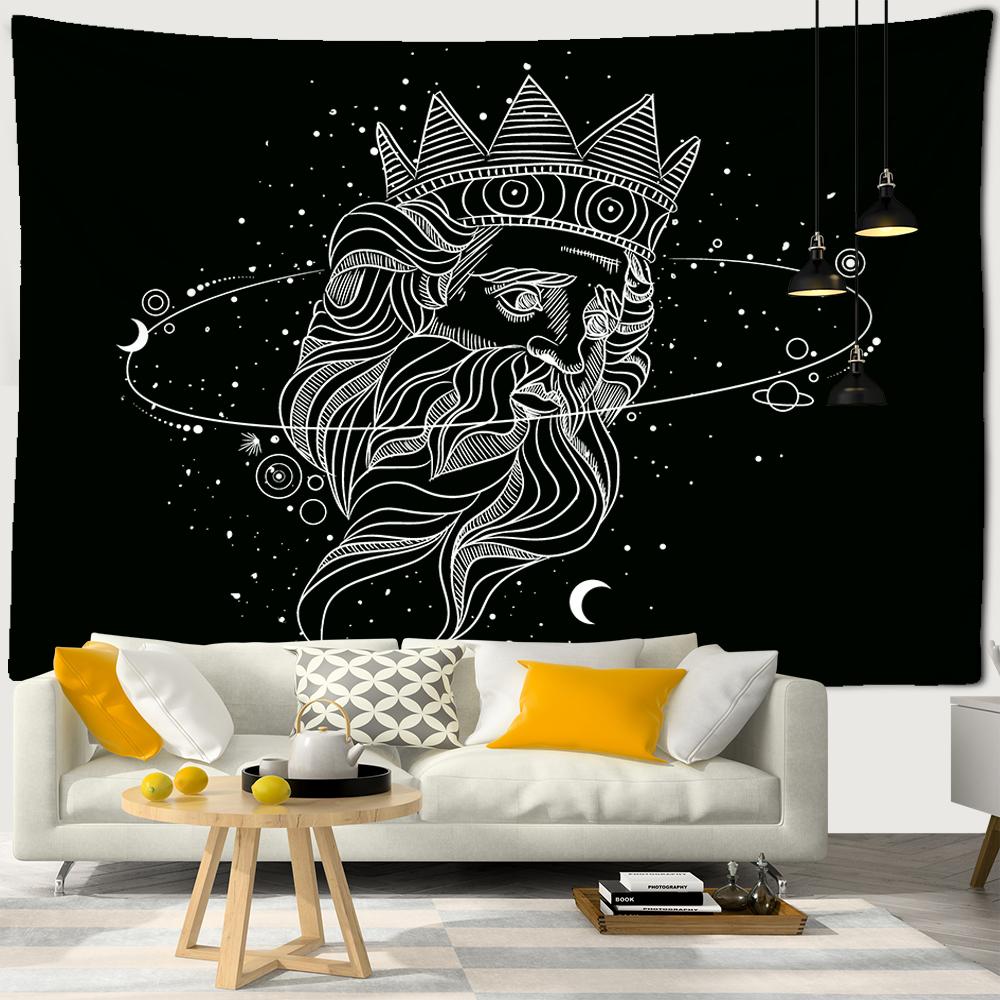 Black White Sun Moon Starry Sky Tapestry Witchcraft Beach Towel Galaxy Planet Constellation Tapestry Boho Decor Hippie Wall Hang