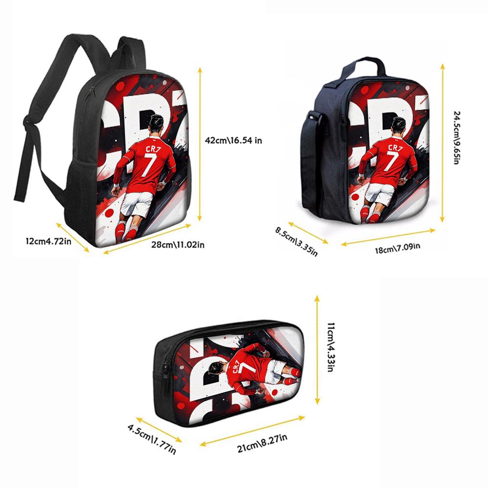 3-Piece CR7 Soccer Star Pattern Backpack Set – Large-Capacity Casual Backpack with Matching Clutch & Tote Bag, Perfect for Daily