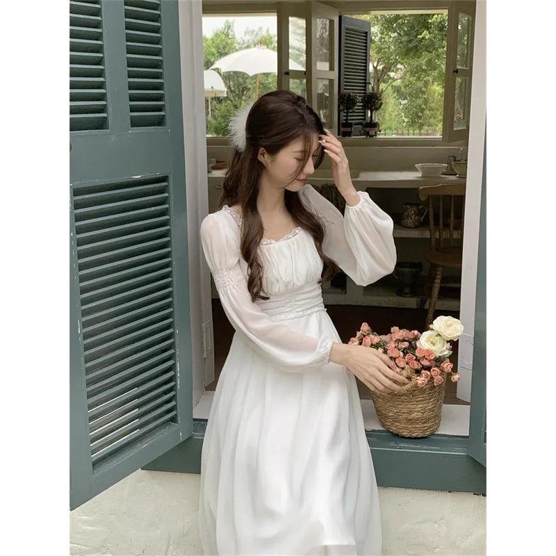 2026 Vestidos De Mujer Korean Chic Dress Women Square Collar Puff Sleeve Tunic Autumn Robe Vintage Lace Patchwork Maxi Dresses