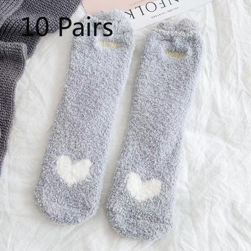 10 Pairs of Ladies Autumn Winter Thickened Warm Cat PAWS Stereo Small Ears Coral Wool Home Floor Socks