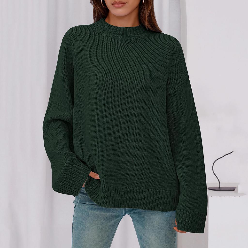Womens Loose Round Neck Color Bell Sleeve Long Sleeve Knitted Sweater Top