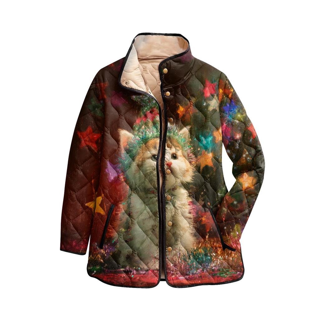 Dámský vánoční potisk s vysokým límcem polstrovaný bavlněný kabát s dlouhým rukávem a zapínáním na knoflíky