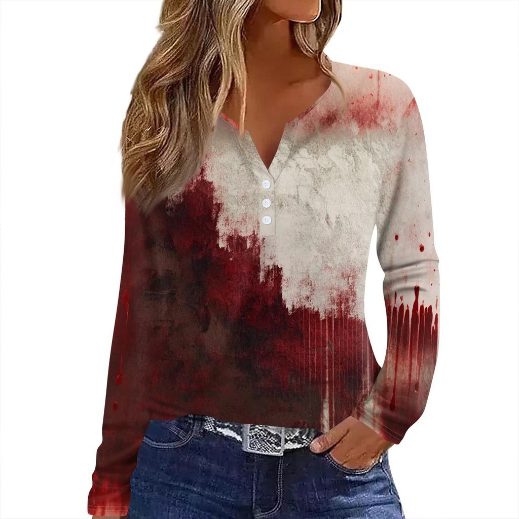 Dámské tričko s potiskem Halloweenu, knoflíky, dlouhý rukáv, denní, víkendová móda, základní, výstřih do V, běžný top