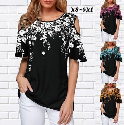Kurzarm Frauen Sexy O Hals Blätter Blumendruck Kalte Schulter Lose T-shirt