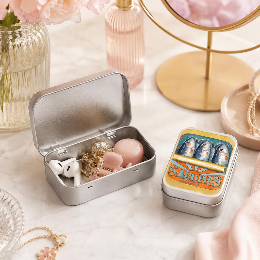 Retro Sardine Print Mini Metal Storage Tin, Portable Hinged Box for Earbuds Jewelry Pills Coins Travel Desk