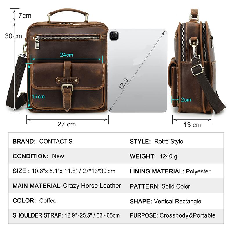 CONTACT'S Genuine Leather Sling Shoulder Bags for Men High Quality Messenger Business Bags Durable Men Crossbody Bags for 8.3 Inch Pad