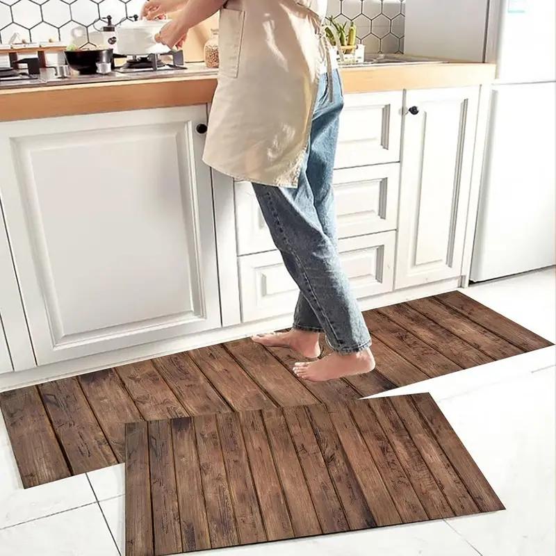 Rustic Wood Plank Kitchen Rug Set, Non-Slip Water  Oil Resistant Floor Mats for Kitchen  Laundry Room