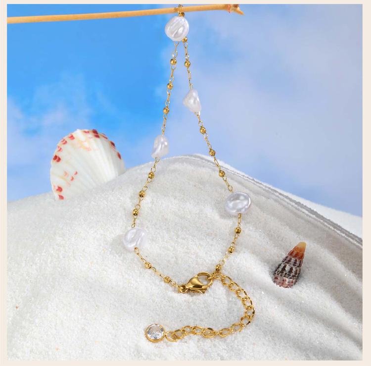 Waterproof Pearl Anklet, Stainless Steel Anklets Beads Link Chain Adjustable, Fashion Jewelry for Women Mom Wife Girlfriend