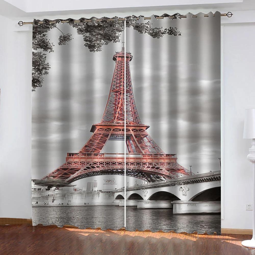 Design Peinture à l'Huile Paris Tour Eiffel dans les Rues Rideaux Fins pour Fenêtre Décoration Salon Chambre en Vente 2 Pièces