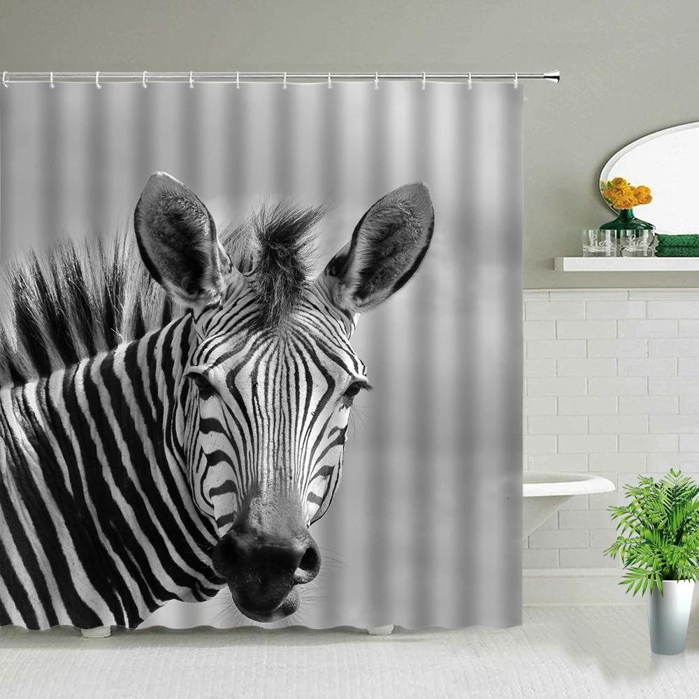 Africa Grassland Wild Animals Printed Shower Curtains Tiger Lion Waterproof Fabric Bathroom Curtains Bathtub Decor with Hooks