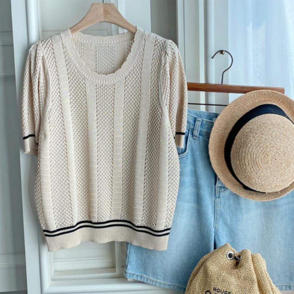 New Arrivals Open Run Women Viscose Punching Color Block Round Neck Short Sleeve